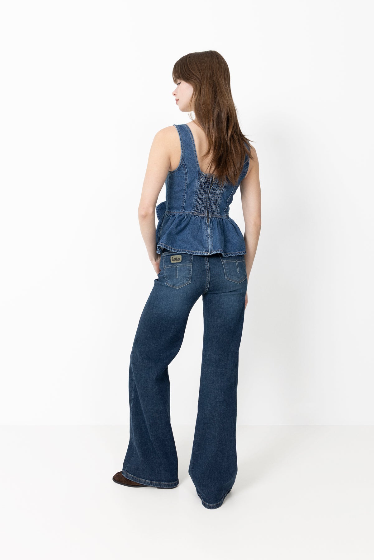 Yaselsie Sl Peplum Denim Top - Medium Blue Denim W. Tabacco Stitches