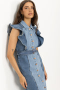 Yascawi Sl Denim Long Dress - Medium Blue Denim Light Blue Denim Blocking