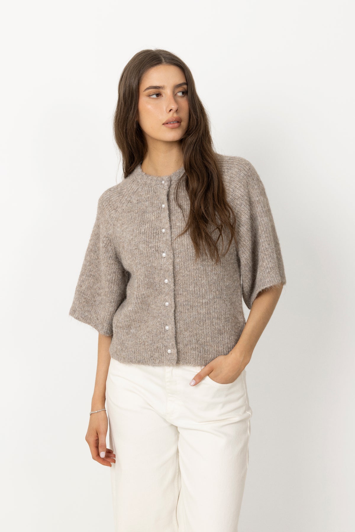 Amaya Fluffy Knit Cardigan - Beige Melange
