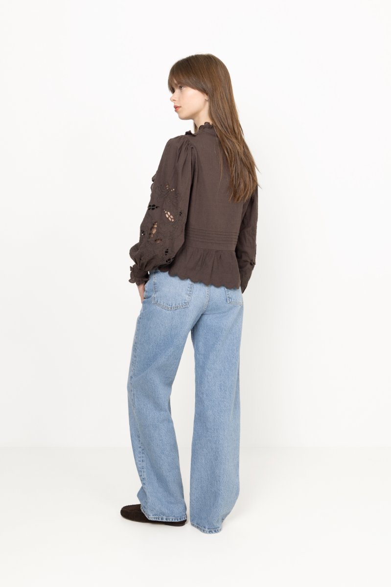 Petrine Embroidery Blouse - Dark Brown