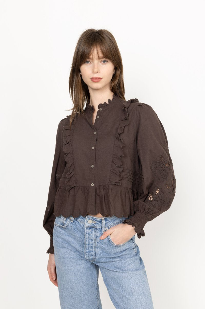 Petrine Embroidery Blouse - Dark Brown