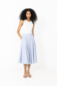 Stripe Ctn Panel Midi Skirt - Hydrangea Blue