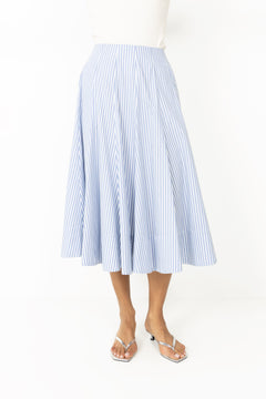 Stripe Ctn Panel Midi Skirt - Hydrangea Blue