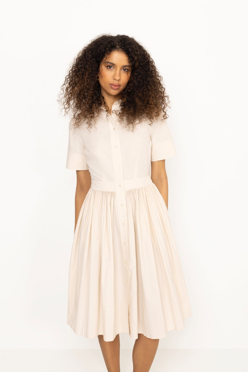 Ctn Pleated Ss Shirt Dress - Creamed White