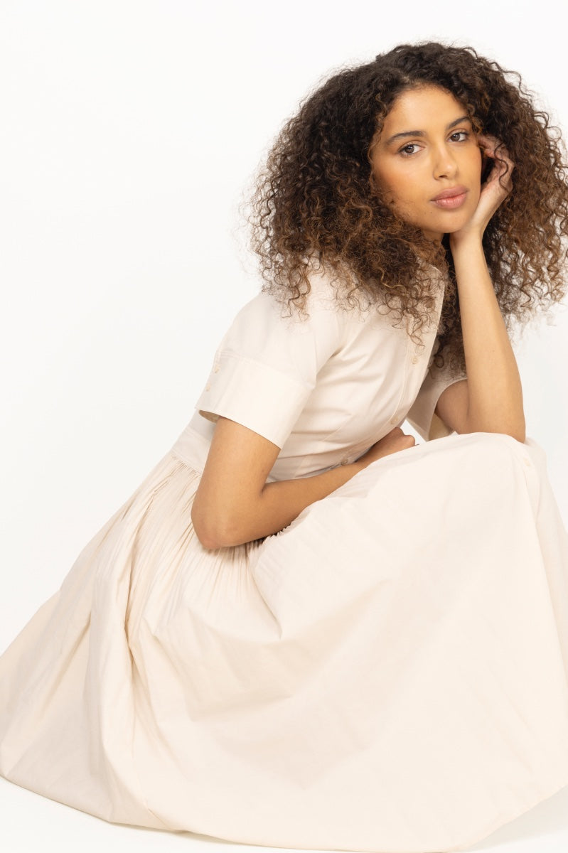 Ctn Pleated Ss Shirt Dress - Creamed White