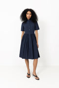 Ctn Pleated Ss Shirt Dress - Evening Blue