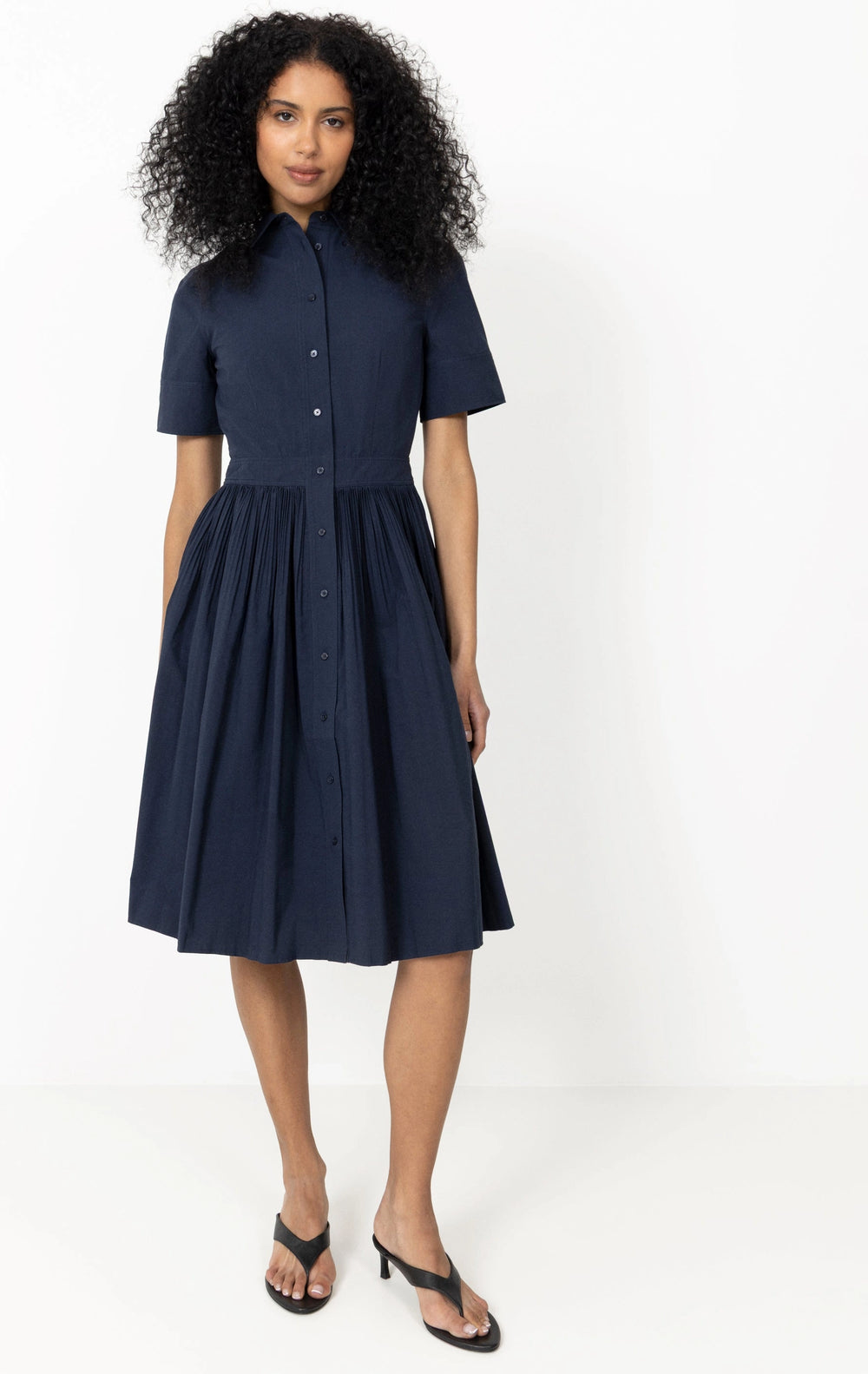 Ctn Pleated Ss Shirt Dress - Evening Blue