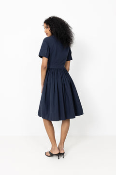 Ctn Pleated Ss Shirt Dress - Evening Blue