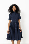 Ctn Pleated Ss Shirt Dress - Evening Blue