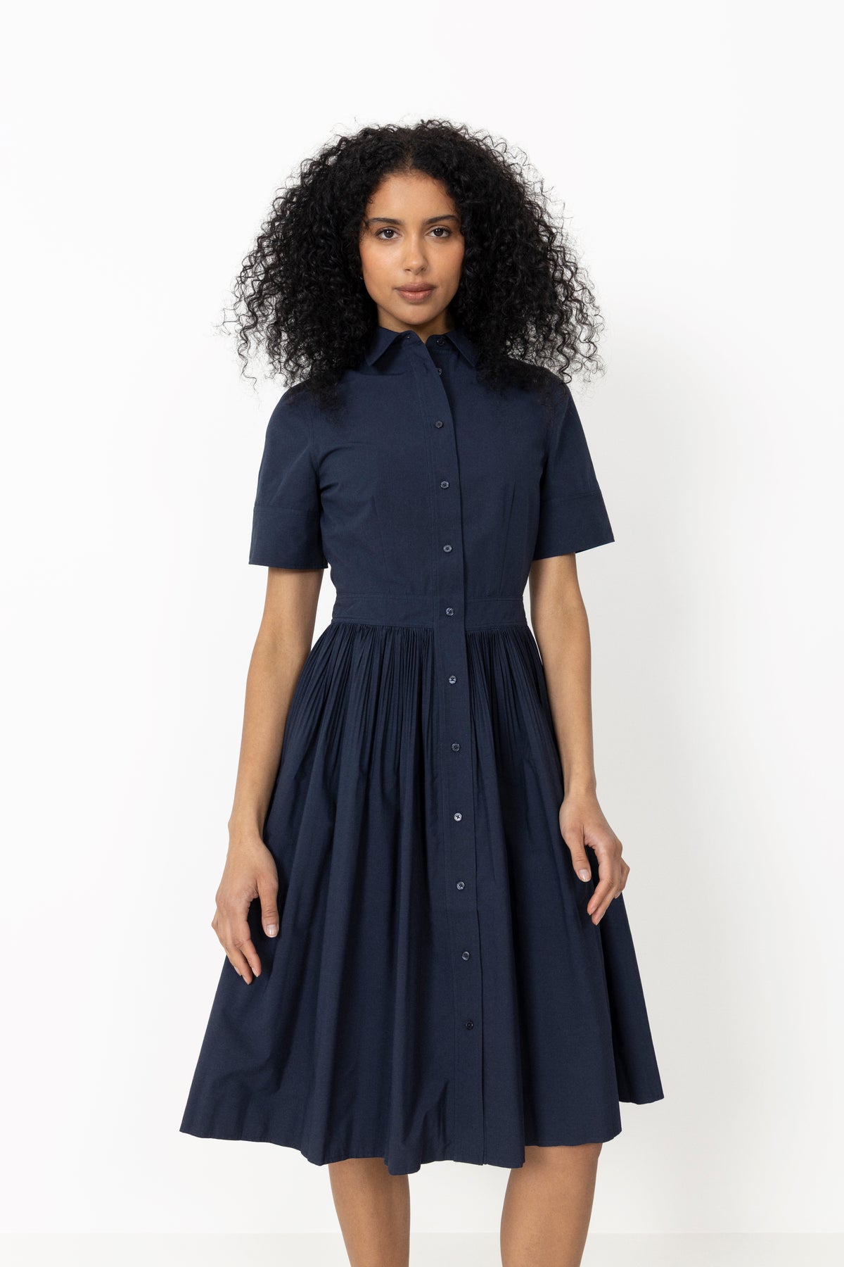 Ctn Pleated Ss Shirt Dress - Evening Blue