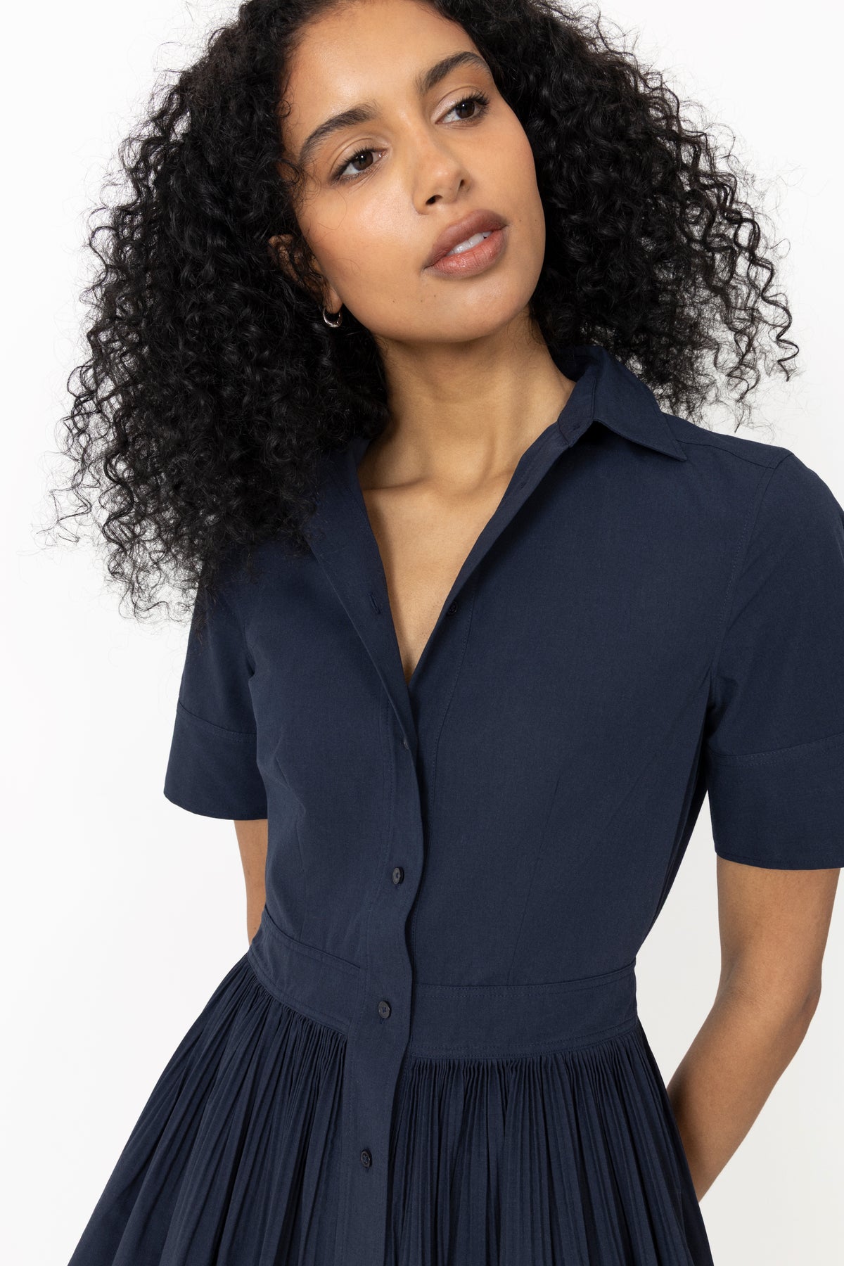 Ctn Pleated Ss Shirt Dress - Evening Blue