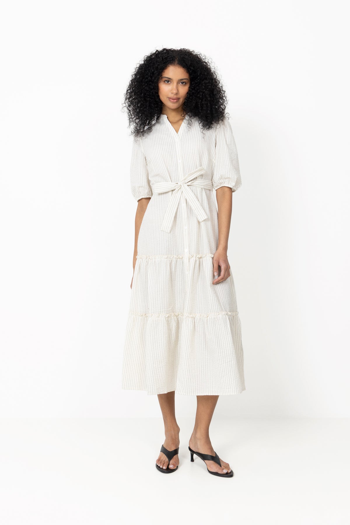 Kate V-Neck Long Stripe Dress - Off White/Black Stripe