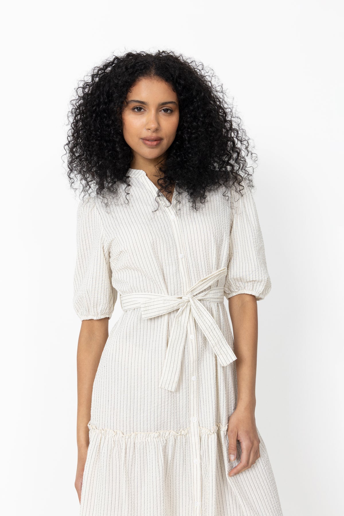 Kate V-Neck Long Stripe Dress - Off White/Black Stripe
