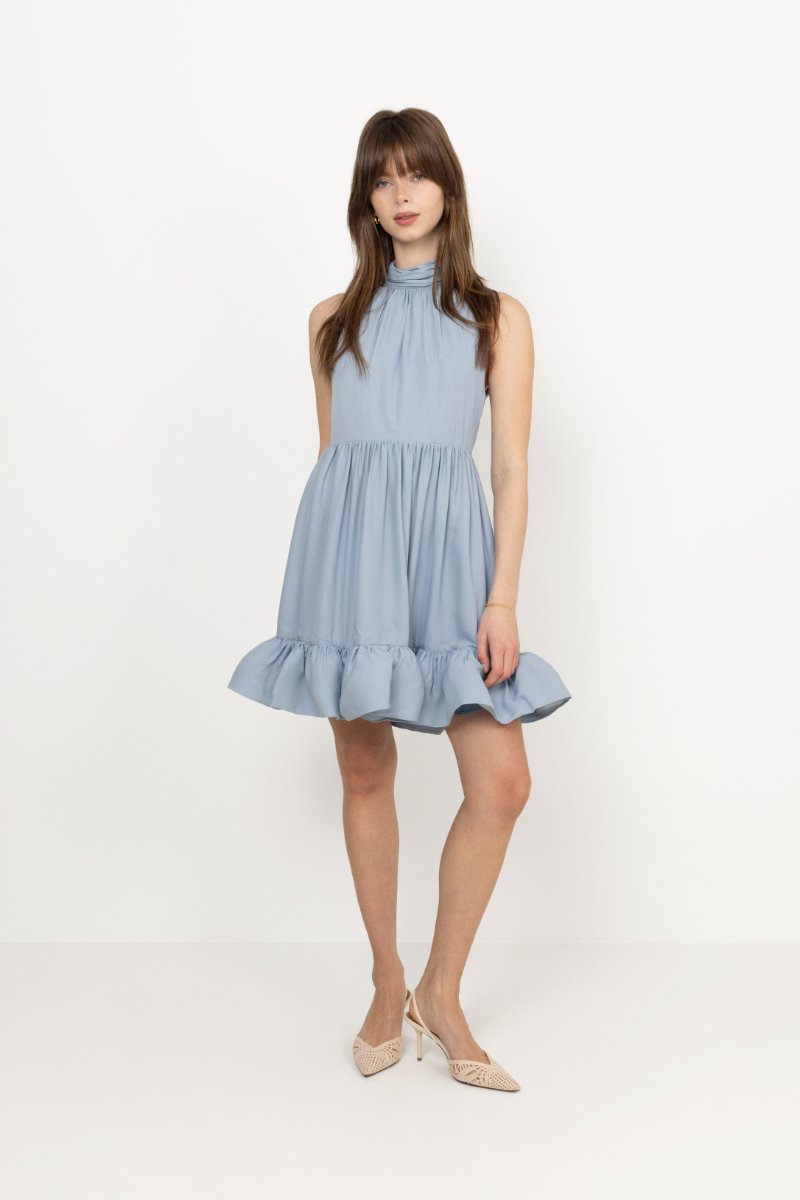 Fern Halterneck Ruffled Mini Dress - Sky