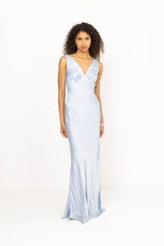 Thelma Open Back Satin Maxi Dress - Dusty Blue