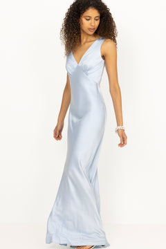 Thelma Open Back Satin Maxi Dress - Dusty Blue