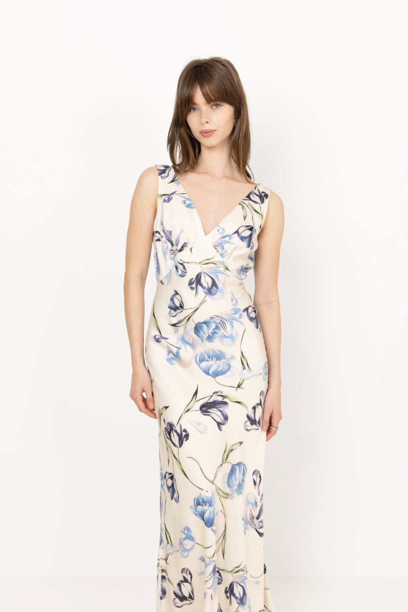 Thelma Open Back Satin Maxi Dress - Tulip Blue
