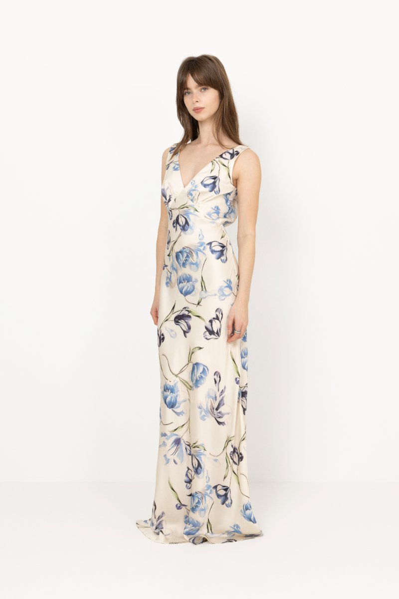 Thelma Open Back Satin Maxi Dress - Tulip Blue