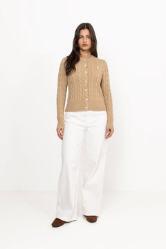 Cable-Knit Cotton Crewneck Cardigan - Vintage Khaki