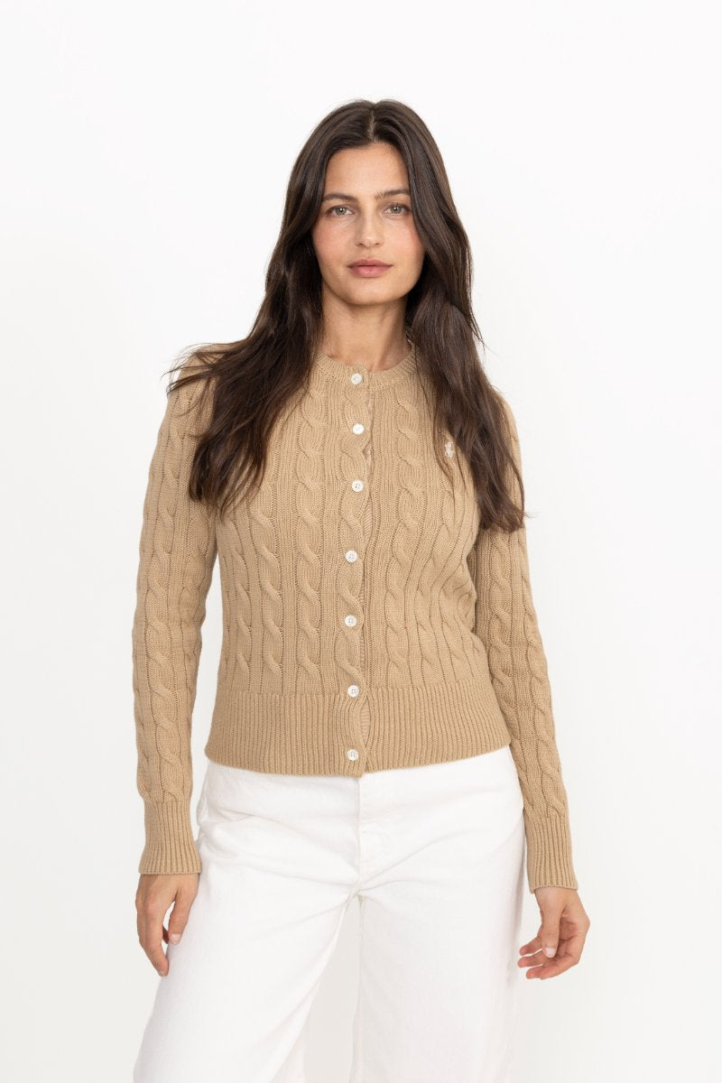 Cable-Knit Cotton Crewneck Cardigan - Vintage Khaki