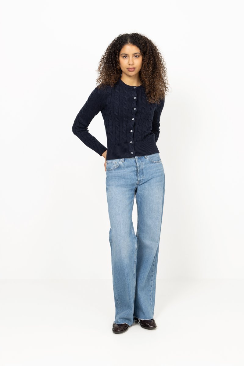 Cable-Knit Cotton Crewneck Cardigan - Hunter Navy