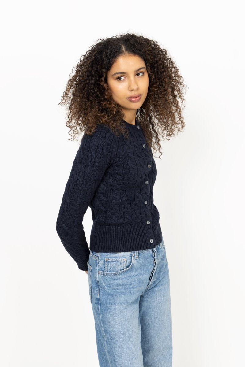 Cable-Knit Cotton Crewneck Cardigan - Hunter Navy