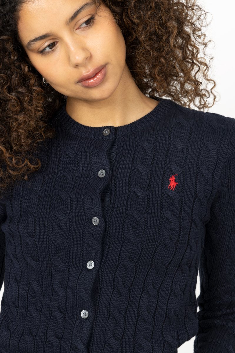 Cable-Knit Cotton Crewneck Cardigan - Hunter Navy