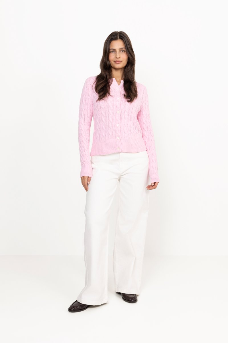 Cable-Knit Cotton Crewneck Cardigan - Carmel Pink