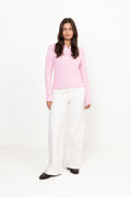 Cable-Knit Cotton Crewneck Cardigan - Carmel Pink