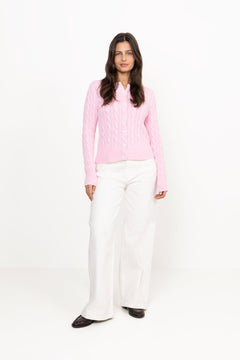 Cable-Knit Cotton Crewneck Cardigan - Carmel Pink