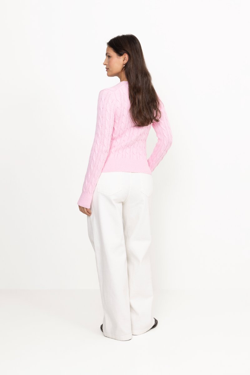 Cable-Knit Cotton Crewneck Cardigan - Carmel Pink