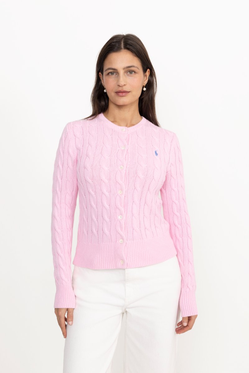 Cable-Knit Cotton Crewneck Cardigan - Carmel Pink
