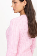 Cable-Knit Cotton Crewneck Cardigan - Carmel Pink