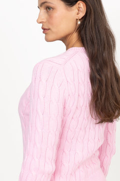 Cable-Knit Cotton Crewneck Cardigan - Carmel Pink