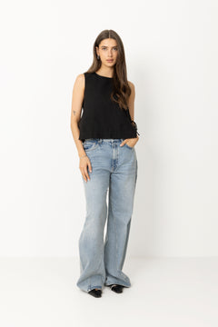 Svetlana Linen Top - Black