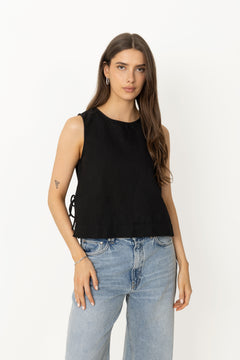 Svetlana Linen Top - Black