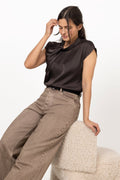 Fleur Drapy Satin Blouse - Dark Brown