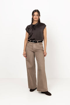 Fleur Drapy Satin Blouse - Dark Brown