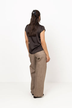 Fleur Drapy Satin Blouse - Dark Brown