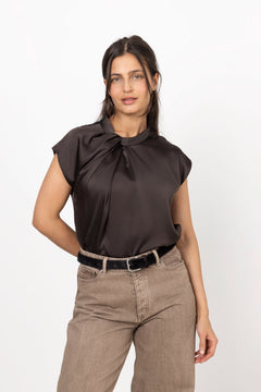 Fleur Drapy Satin Blouse - Dark Brown