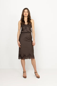 Stina Satin Lace Singlet - Dark Brown