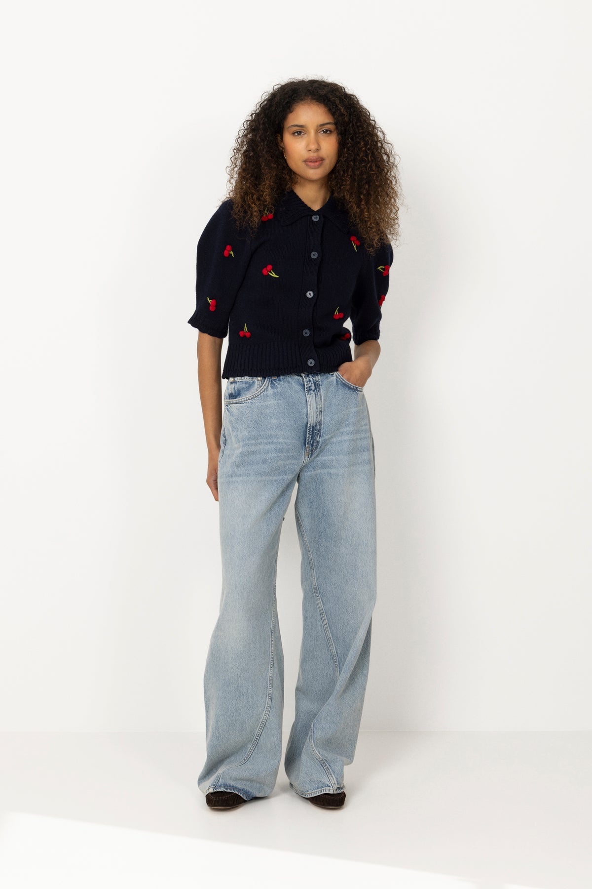 Bobble Knit Polo Cardigan - Cherries Bobble