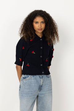 Bobble Knit Polo Cardigan - Cherries Bobble
