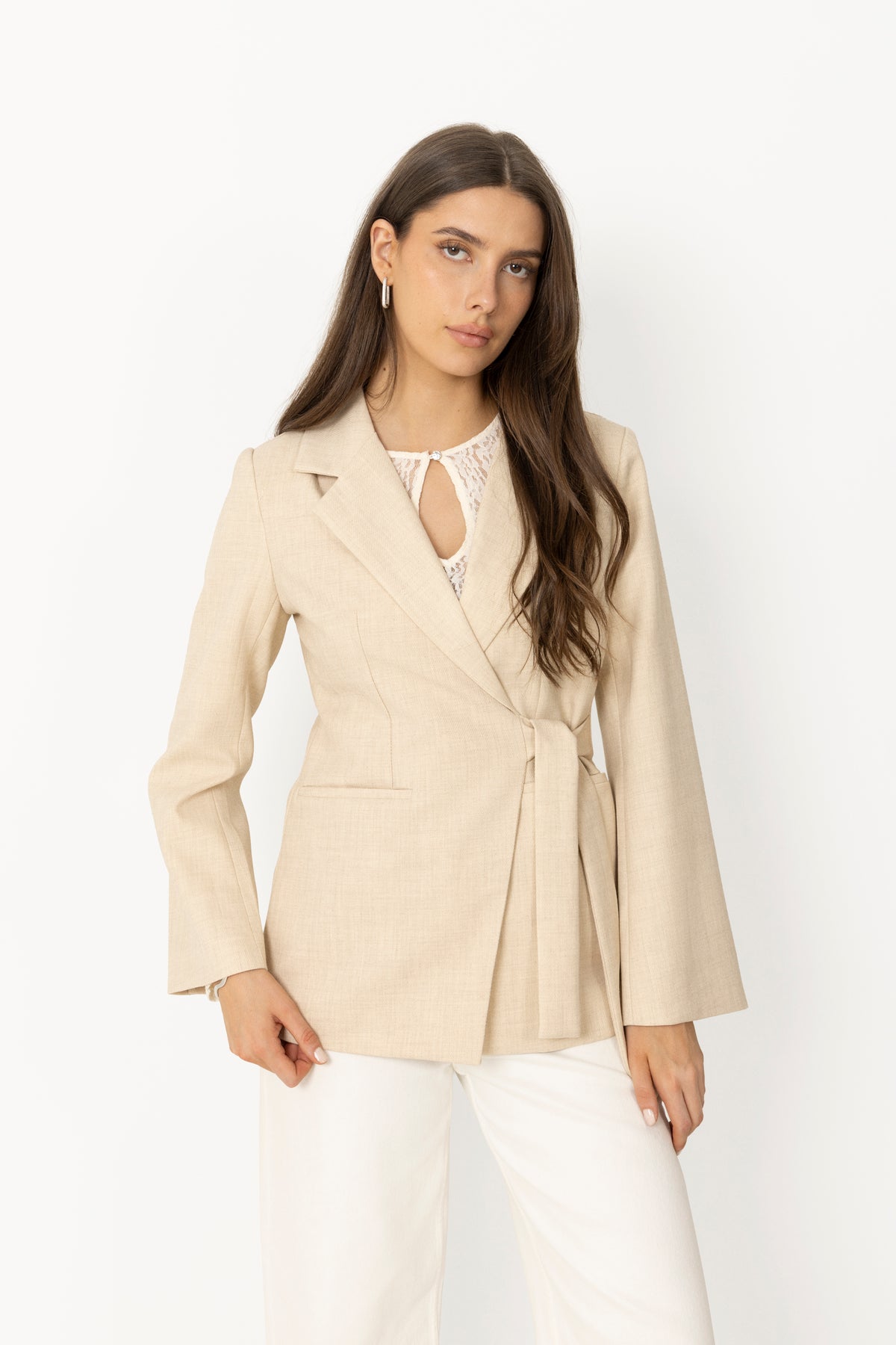 Carmia Melange Tie Blazer - Beige Melange