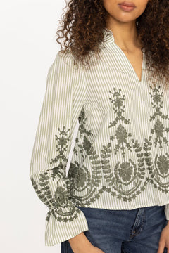 Amara Stripe Emb Blouse - Dusty Green