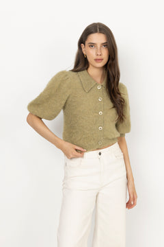 Hairy Knit Puffed Jacket - Green
