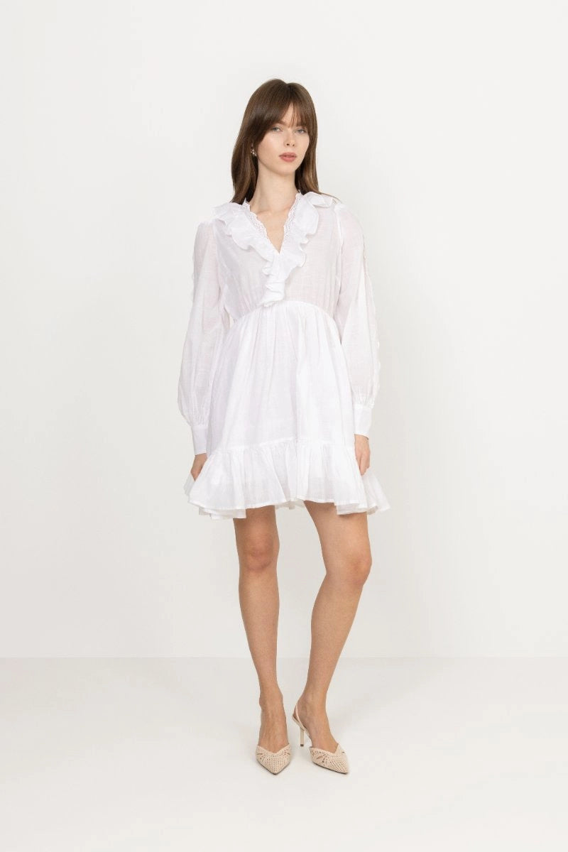 Cotton Slub V-Neck Dress - White