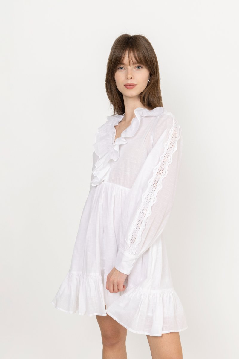 Cotton Slub V-Neck Dress - White
