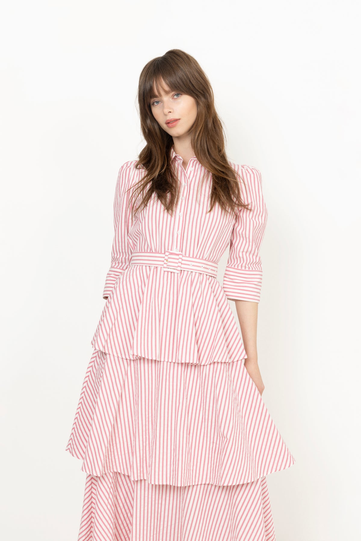 Seersucker Flounce Dress - Pink Stripe