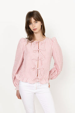 Seersucker Bow Blouse - Pink Stripe